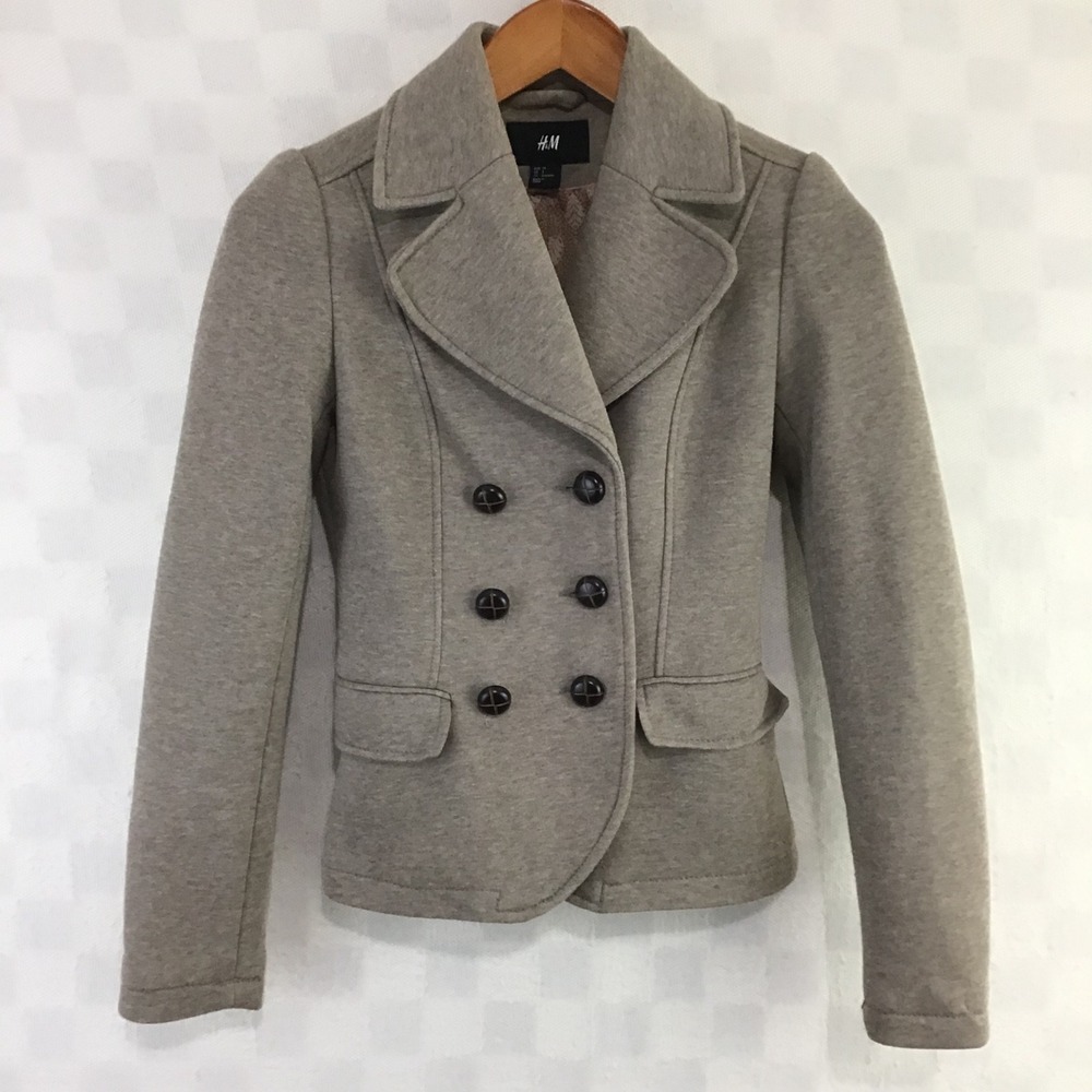 HM Women Taupe Double Breasted Pea Coat Blazer Jacket Size 4 Cotton Blend